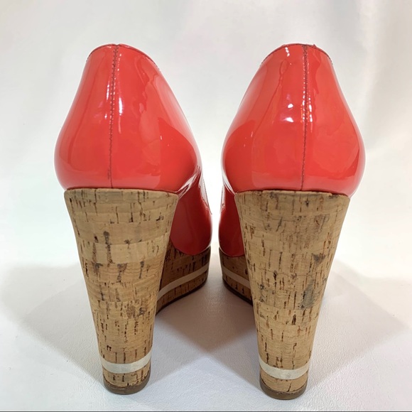 Prada Coral Patent Peep Toe Cork Wedge Pumps 8 M - Picture 3 of 8
